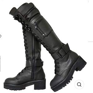 Black knee high combat boots w straps & pockets